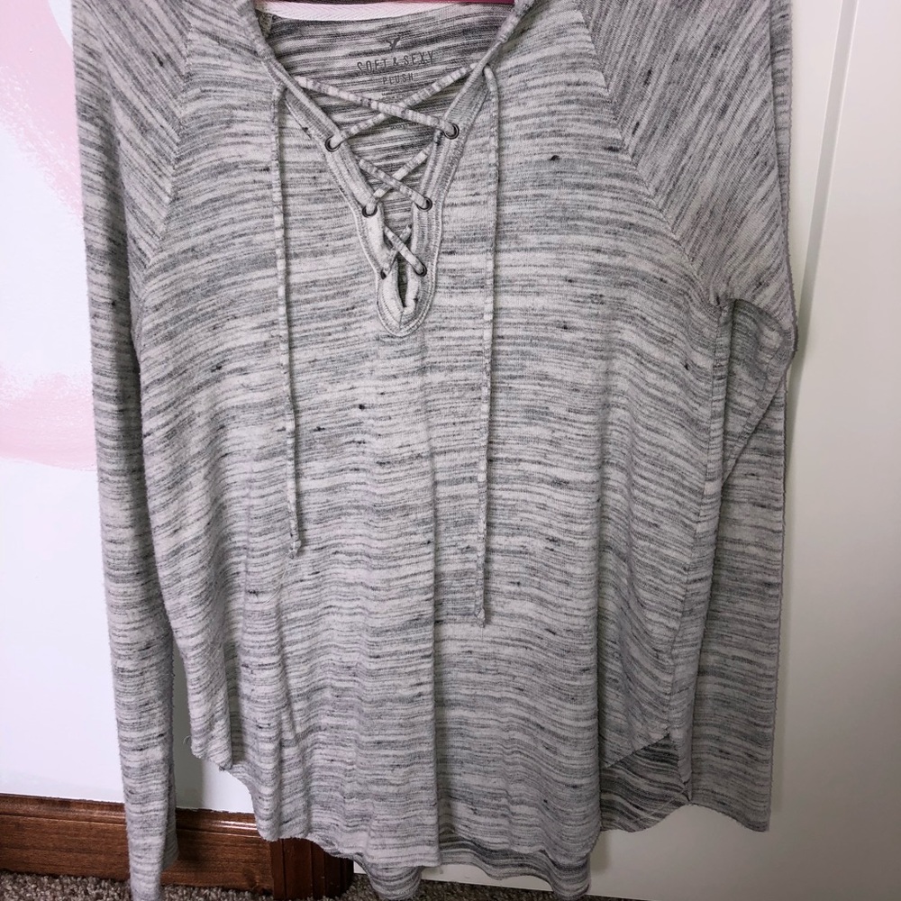 Grey Lace Up Hooded Sweater